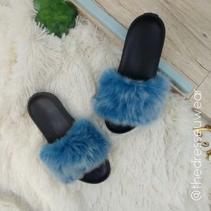 UGG Blue Fur Slides Athleisure Slip on Style